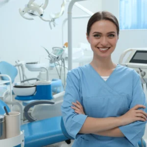 Smiling female dentist in dental office.