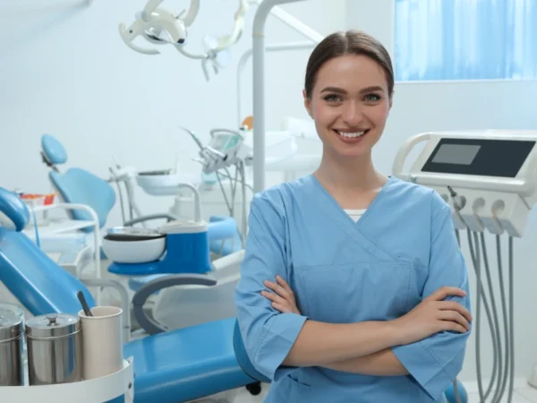 Smiling female dentist in dental office.