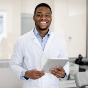 Smiling doctor holding tablet in clinic.