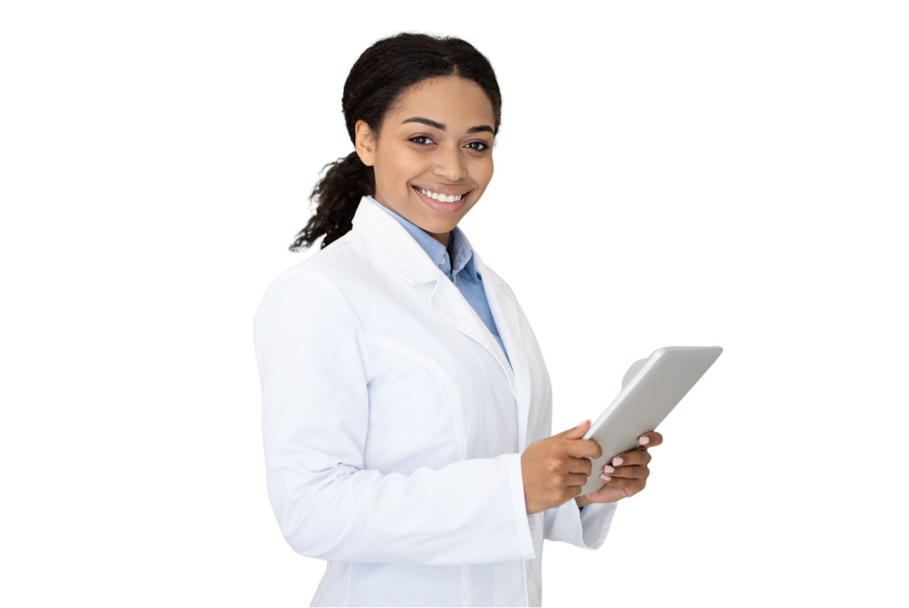 1734003917656_Untitled_20design 1 A woman in white lab coat holding a tablet.
