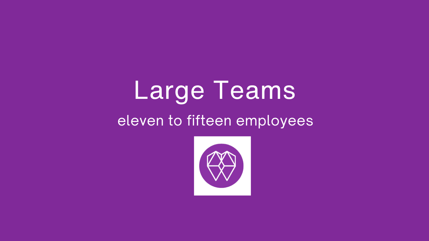 A purple background with the words large teams eleven to fifteen employees.