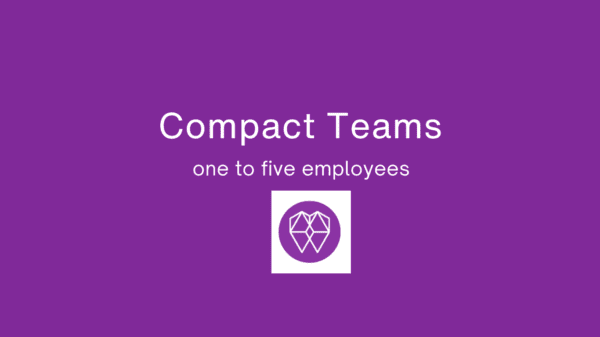 A purple background with the words compact teams one to five employees in white.