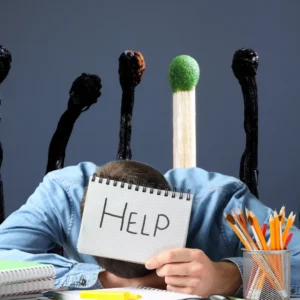 A person with a head stuck in a stick of matches