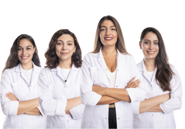 Four women in white lab coats.